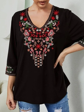 Reflective Trim Details EcoDyeProcess COTTON LOOSE DEEP V EMBROIDERED TOP_CWTBLL0818