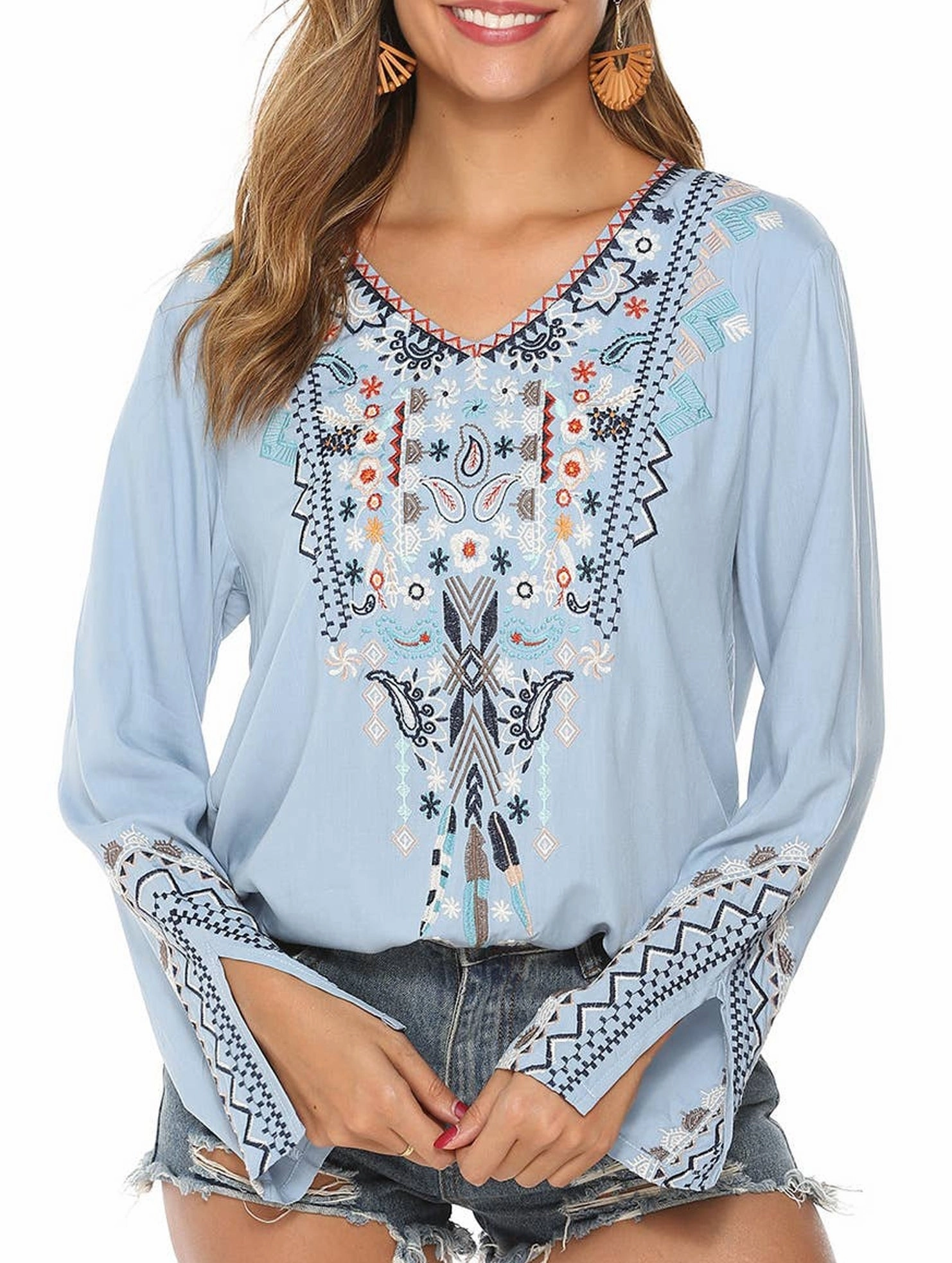 Ribbed Trims COTTON PLUS-SIZE STYLE EMBROIDERED BLOUSE_CWTBLL0822