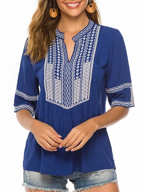 Contrast Stitch Detailing COTTON PLUS-SIZE V-NECK EMBROIDERED TOP_CWTBLS0659