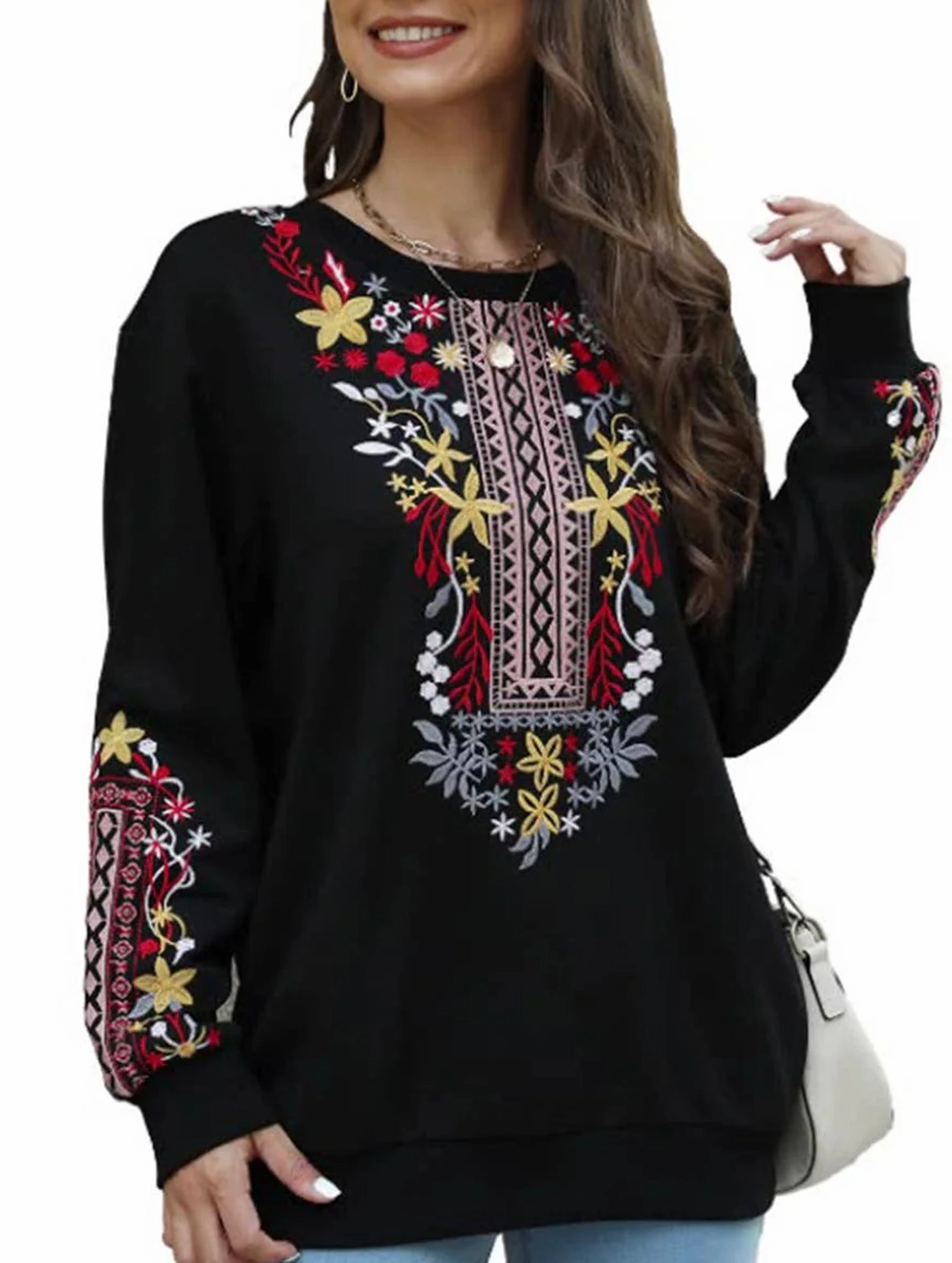 COTTON PLUS-SIZE V-NECK ETHNIC EMBROIDERED HOODIE_CWTBLL0826 Torsion Support Structure Casual Fit