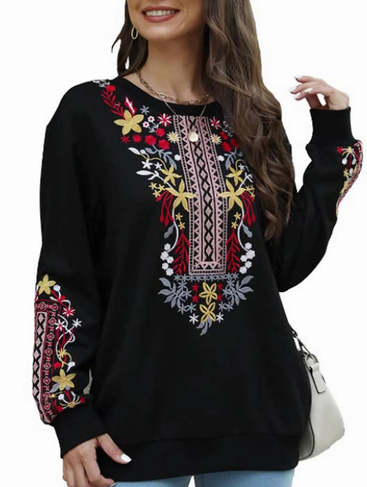 COTTON PLUS-SIZE V-NECK ETHNIC EMBROIDERED HOODIE_CWTBLL0826 Relaxed Design