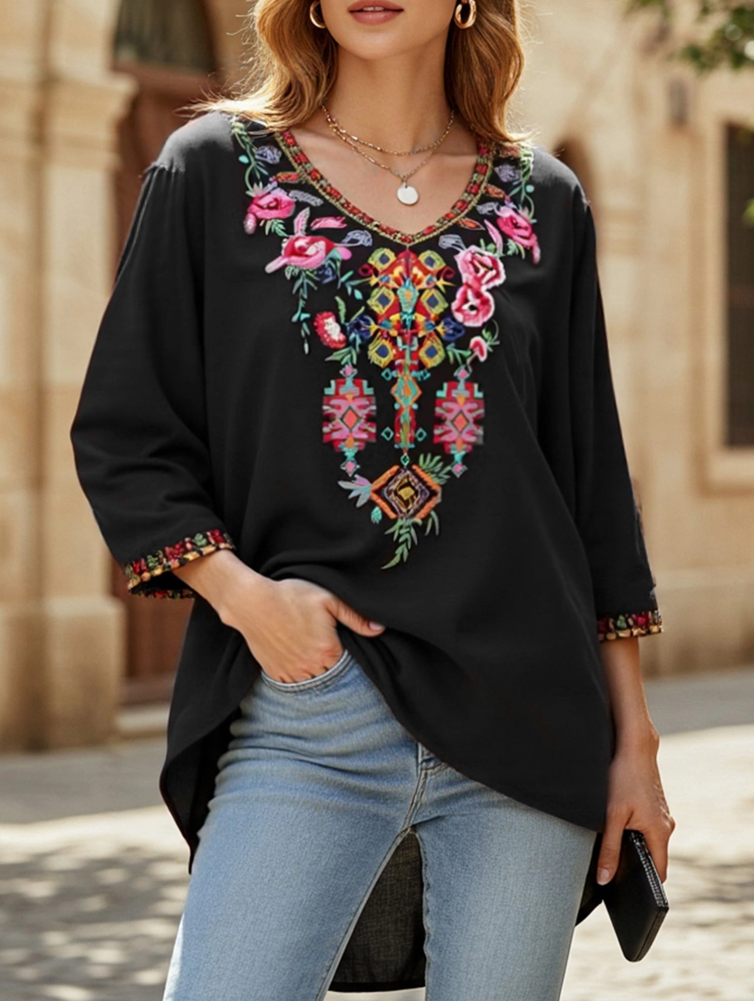 FlexibleRibbedTrims COTTON V-NECK STYLE EMBROIDERED TOP
