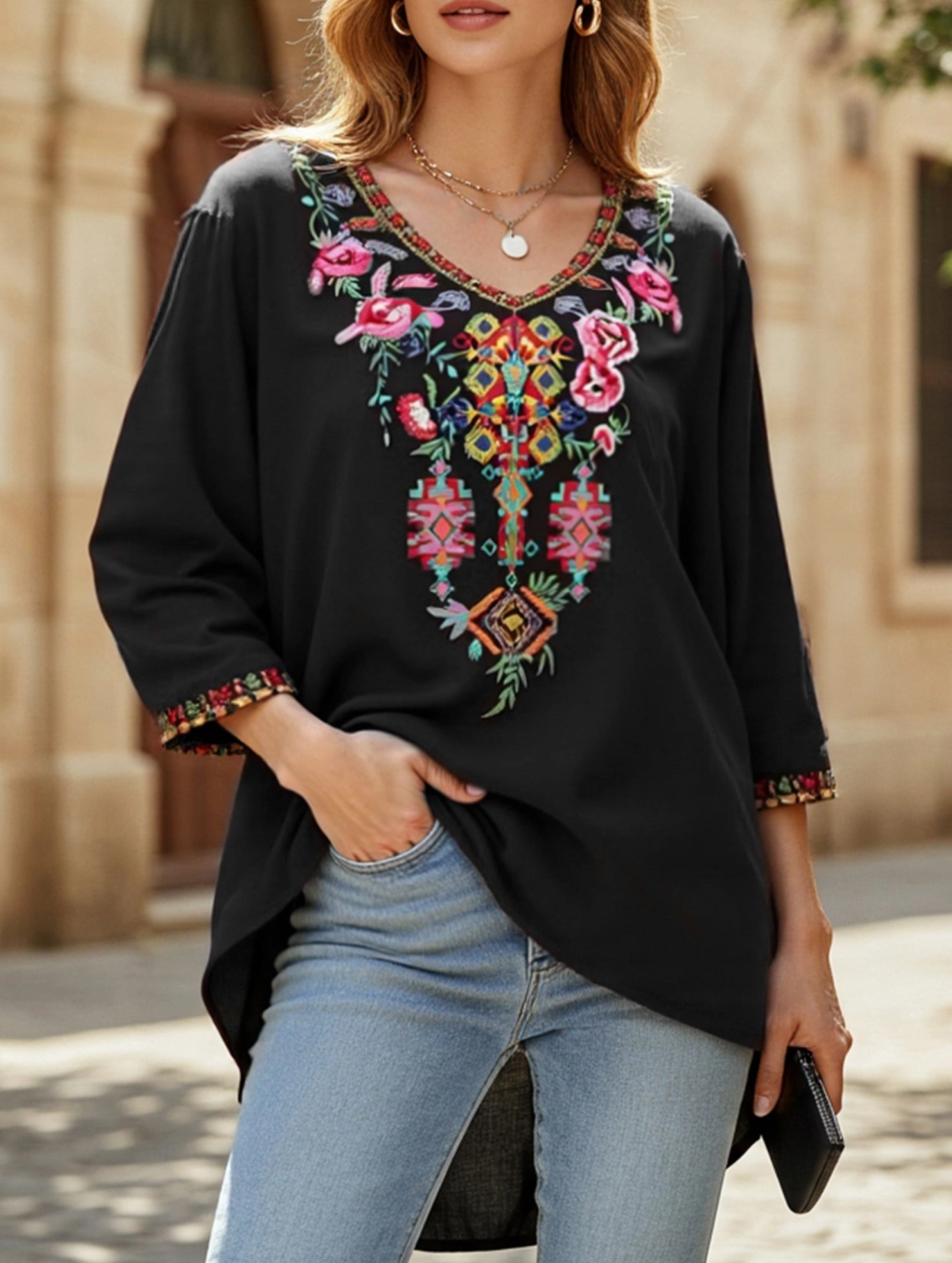 UniversalFit COTTON V-NECK STYLE EMBROIDERED TOP