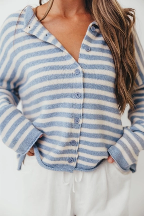 High Stretch Fabric Elasticated Trim Cove Striped Sweater in Blue Ivory