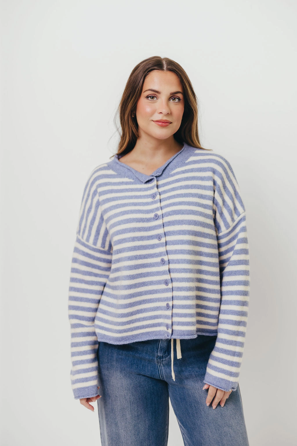 HeatSealed Seams CroppedLength Cove Striped Sweater in Blue Ivory