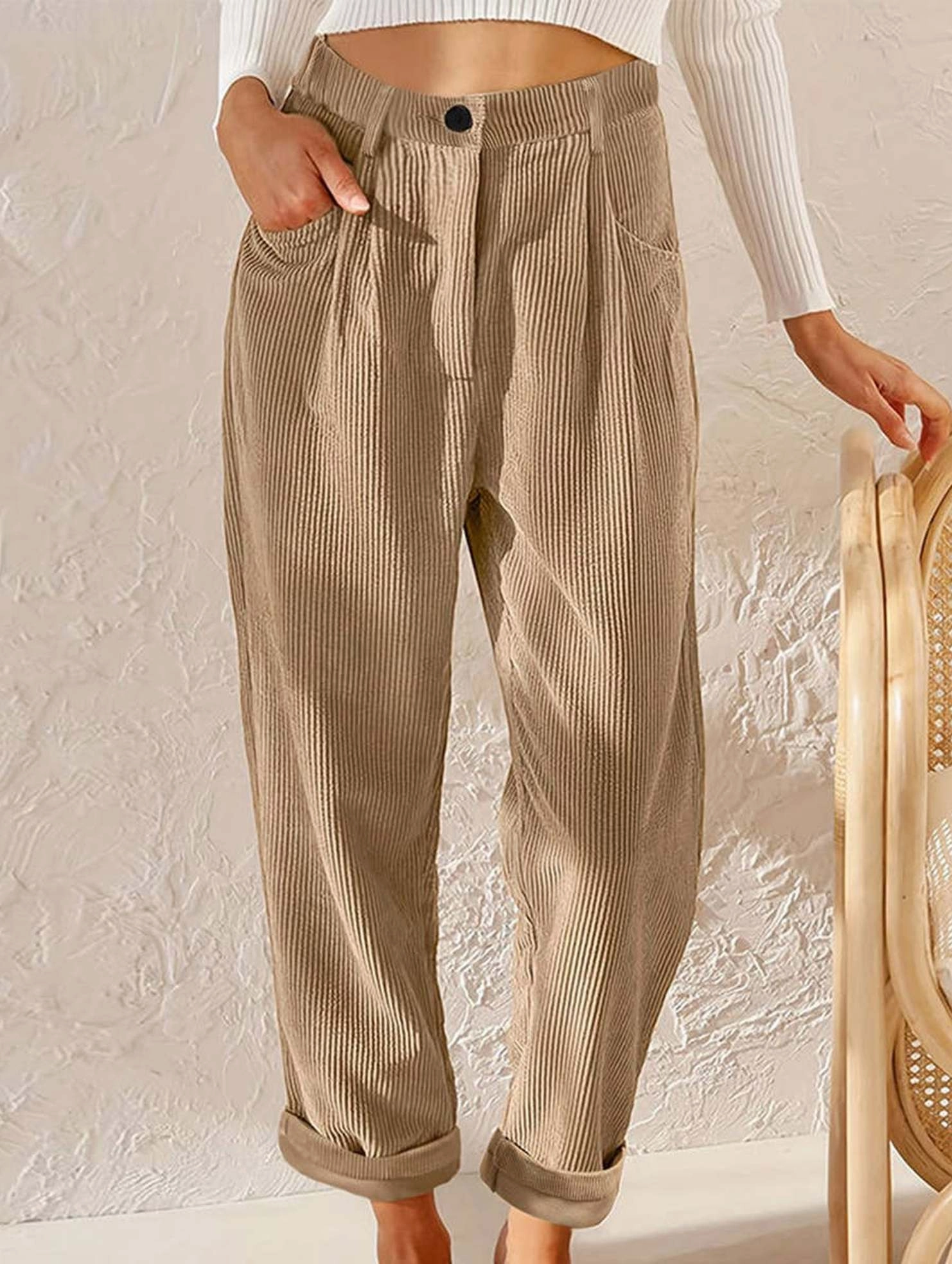 CORDUROY HIGH WAISTED STRAIGHT LEG PANTS_CWBLP0643 Elastic waist Practical Fit