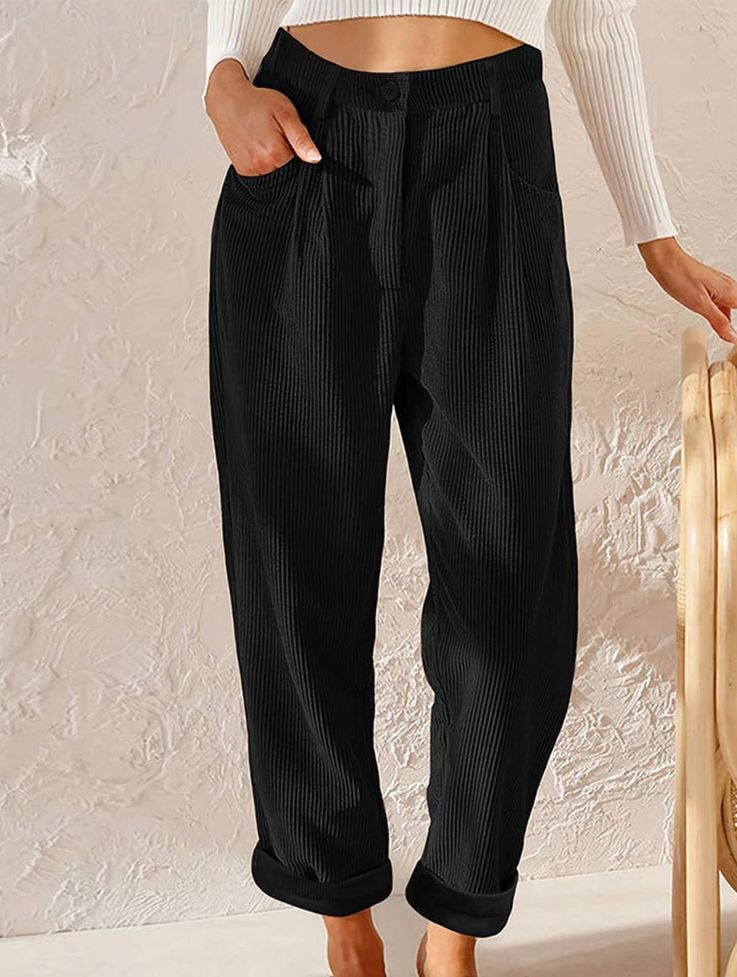 quick dry Formal Look CORDUROY HIGH WAISTED STRAIGHT LEG PANTS_CWBLP0643