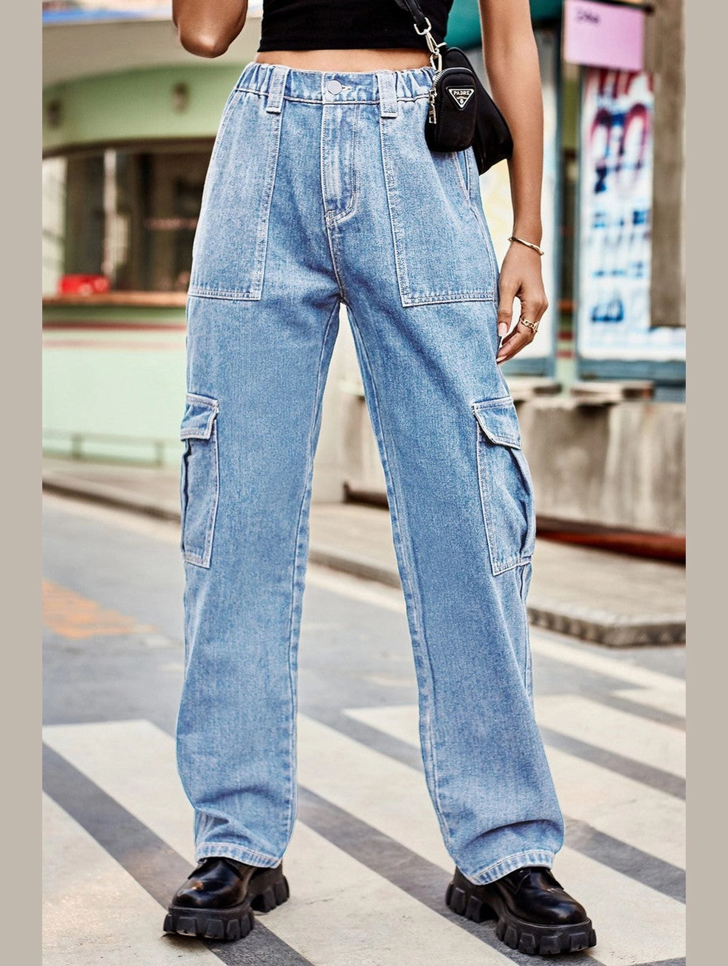 WOMEN COMFY ELASTIC WAIST DENIM CARGO JEANS Tangle Free Cuffs Flexible Movement