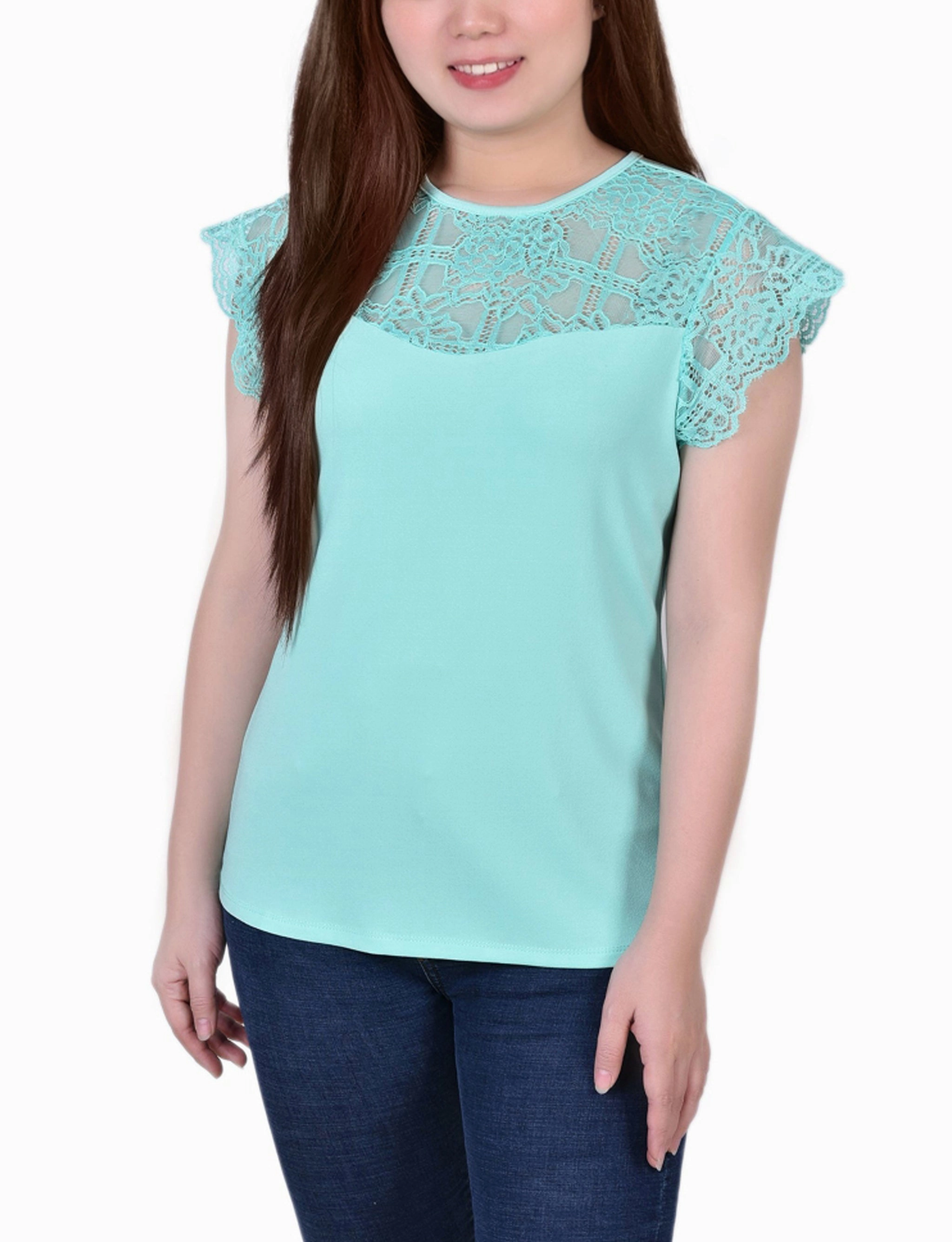 Bonded Seam Technology Crepe Knit Top With Lace Flanged Sleeve and Yoke