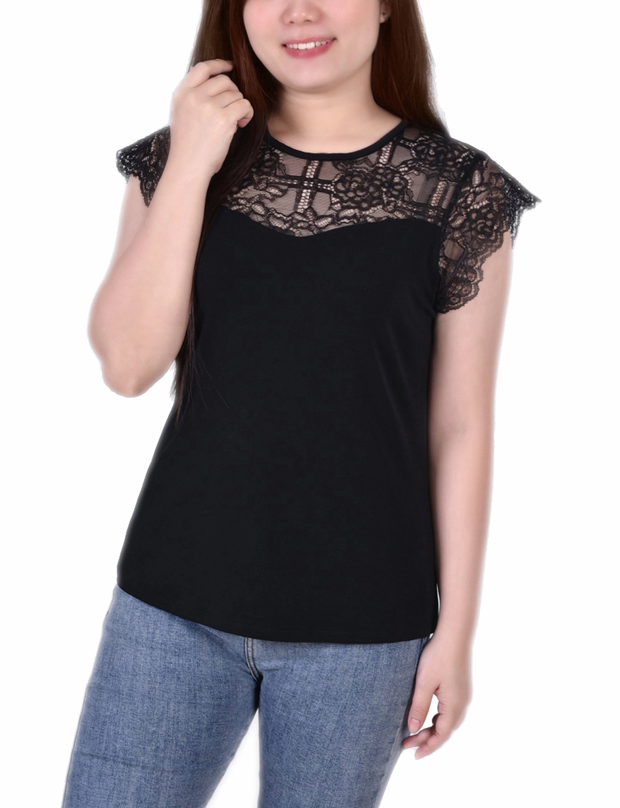 BoxySilhouette Airflow Weave Pattern Crepe Knit Top With Lace Flanged Sleeve and Yoke