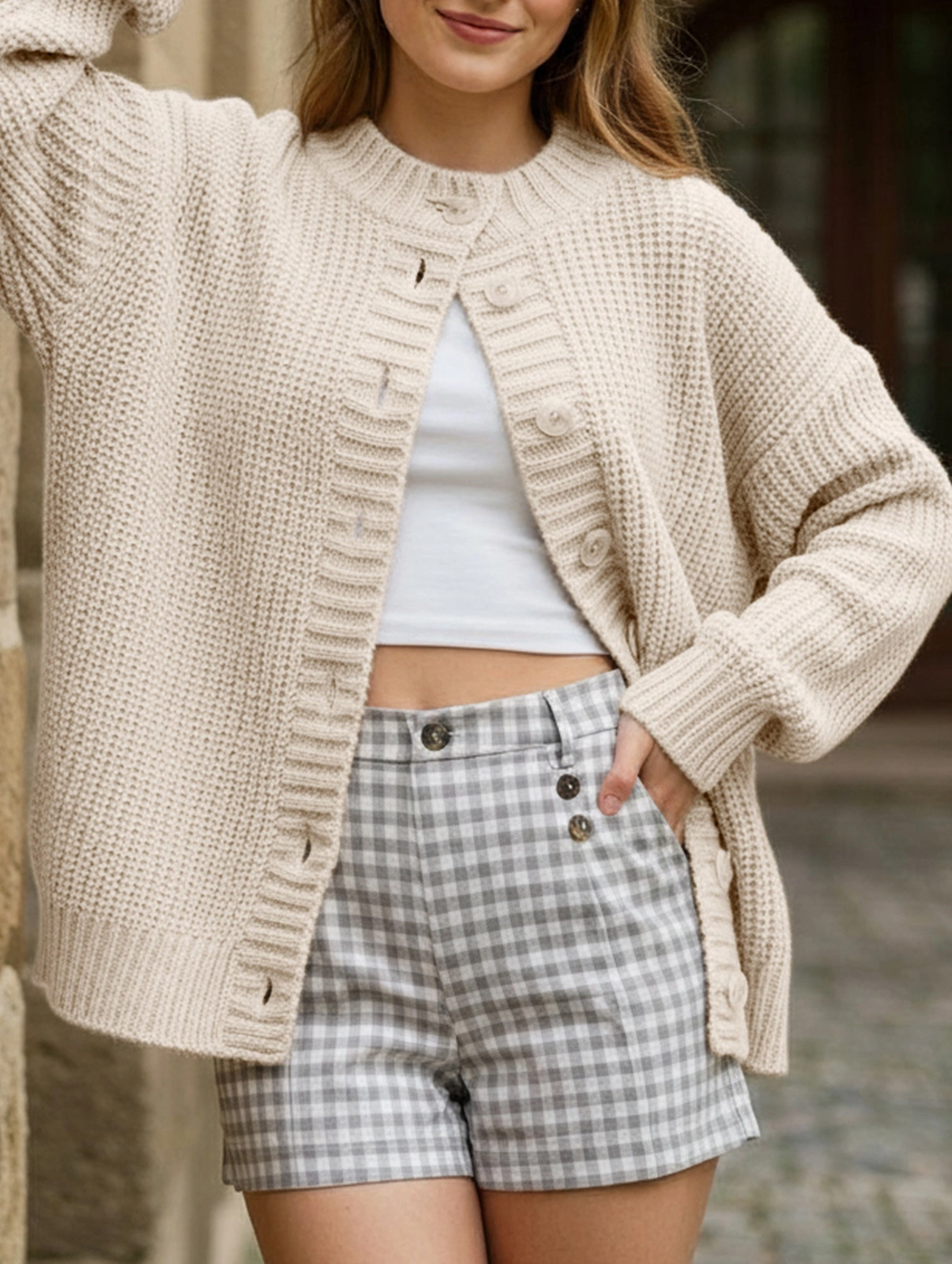 Double Layered Hood Assembly Crew neck single-breasted knitted cardigan