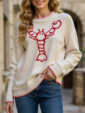 Animal pattern round neck pullover sweater ReinforcedArmholes