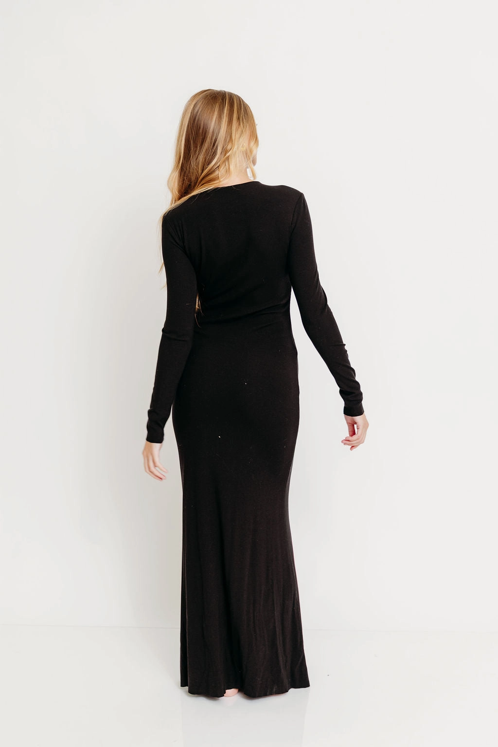 Sheer Light Bride Friend Cru Tiny Ribbed Maxi Dress in Black - Bump Friendly