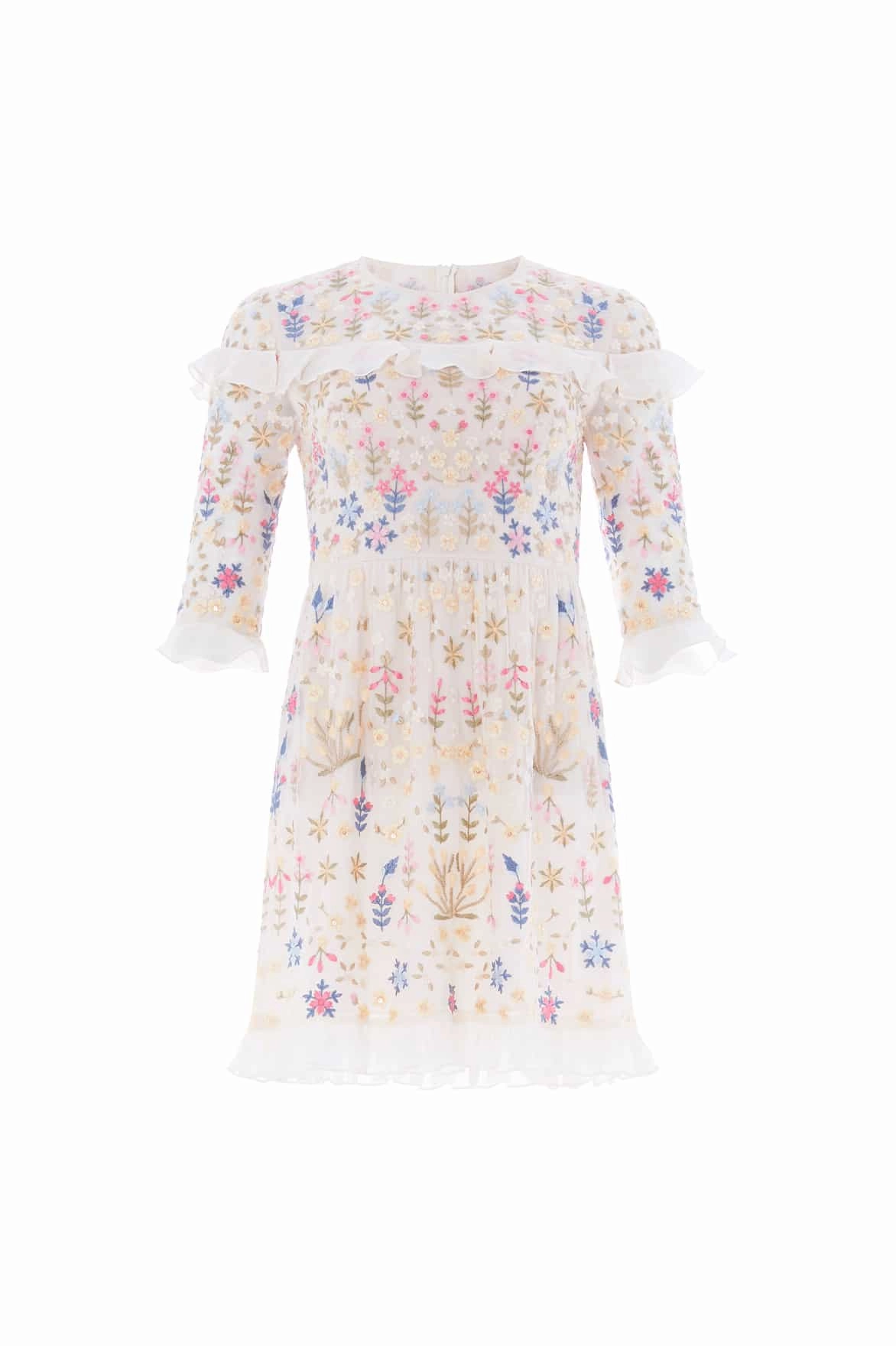 Fine Details Birthday-Celebration Flowerbed Embroidery Mini Dress