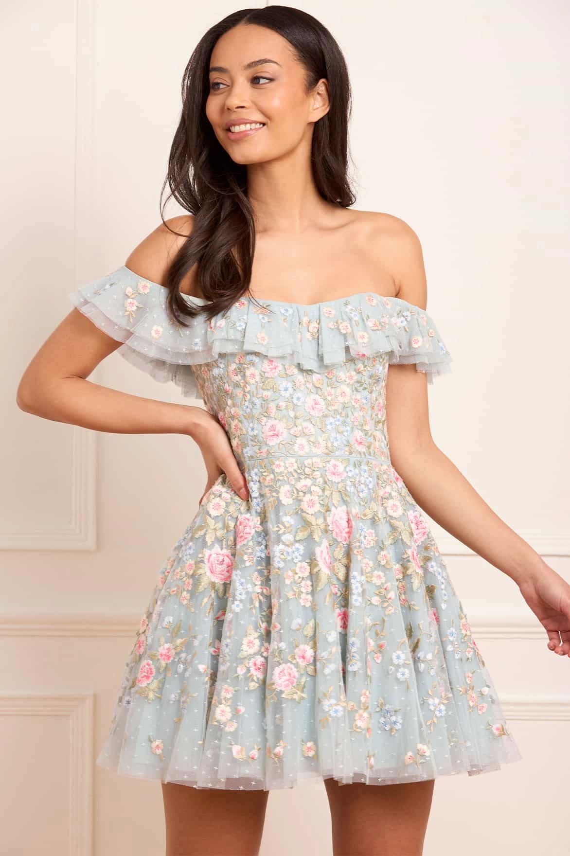 Antoinettes Floral Off-Shoulder Micro Mini Dress Tailored Layers