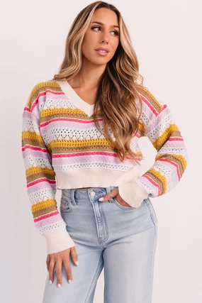Girly Things Striped V Neck Sweater (Ivory/Multi) Breathable Microfiber Active Look