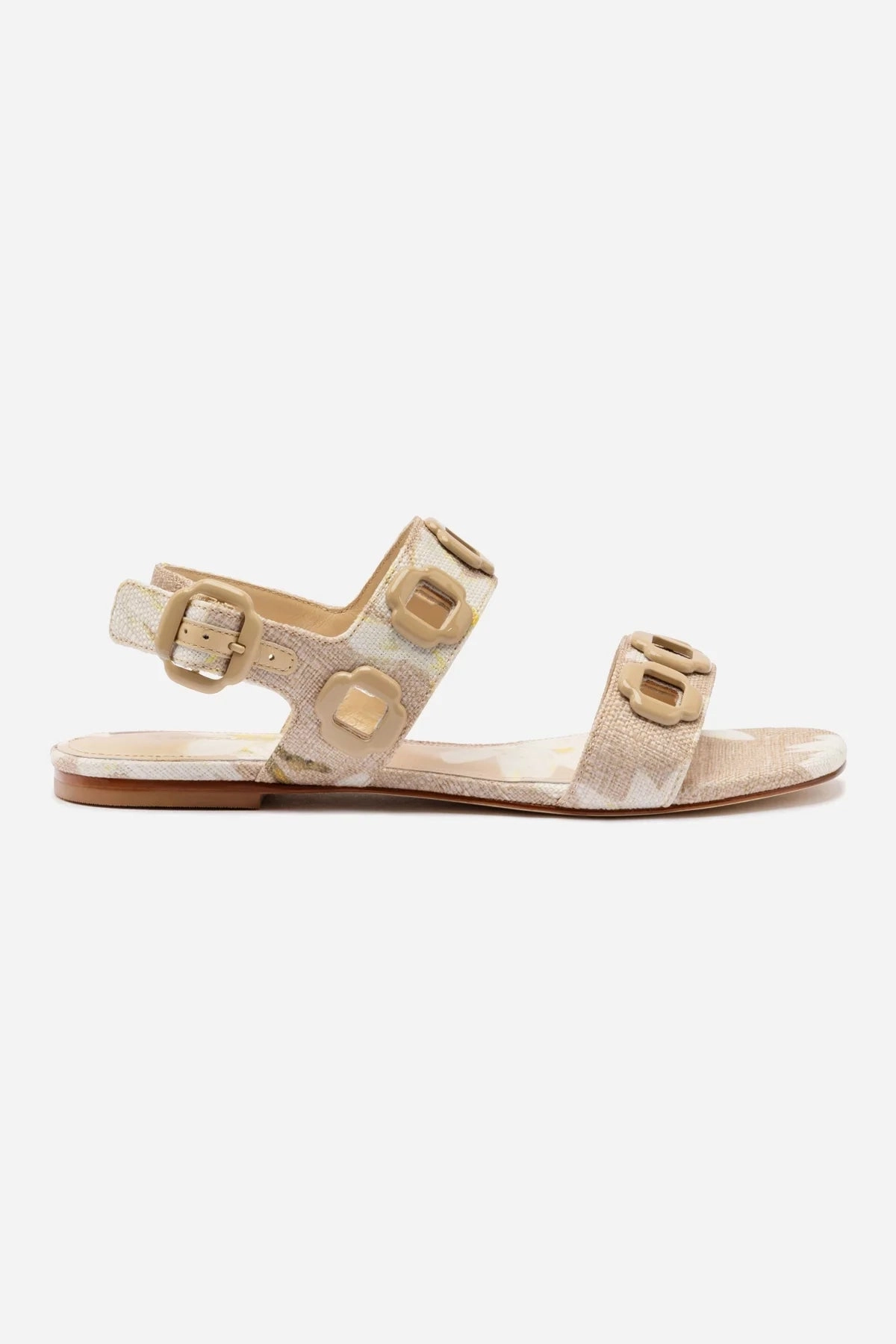 Milan Flat Sandal In Beige Printed Raffia Fur Trim