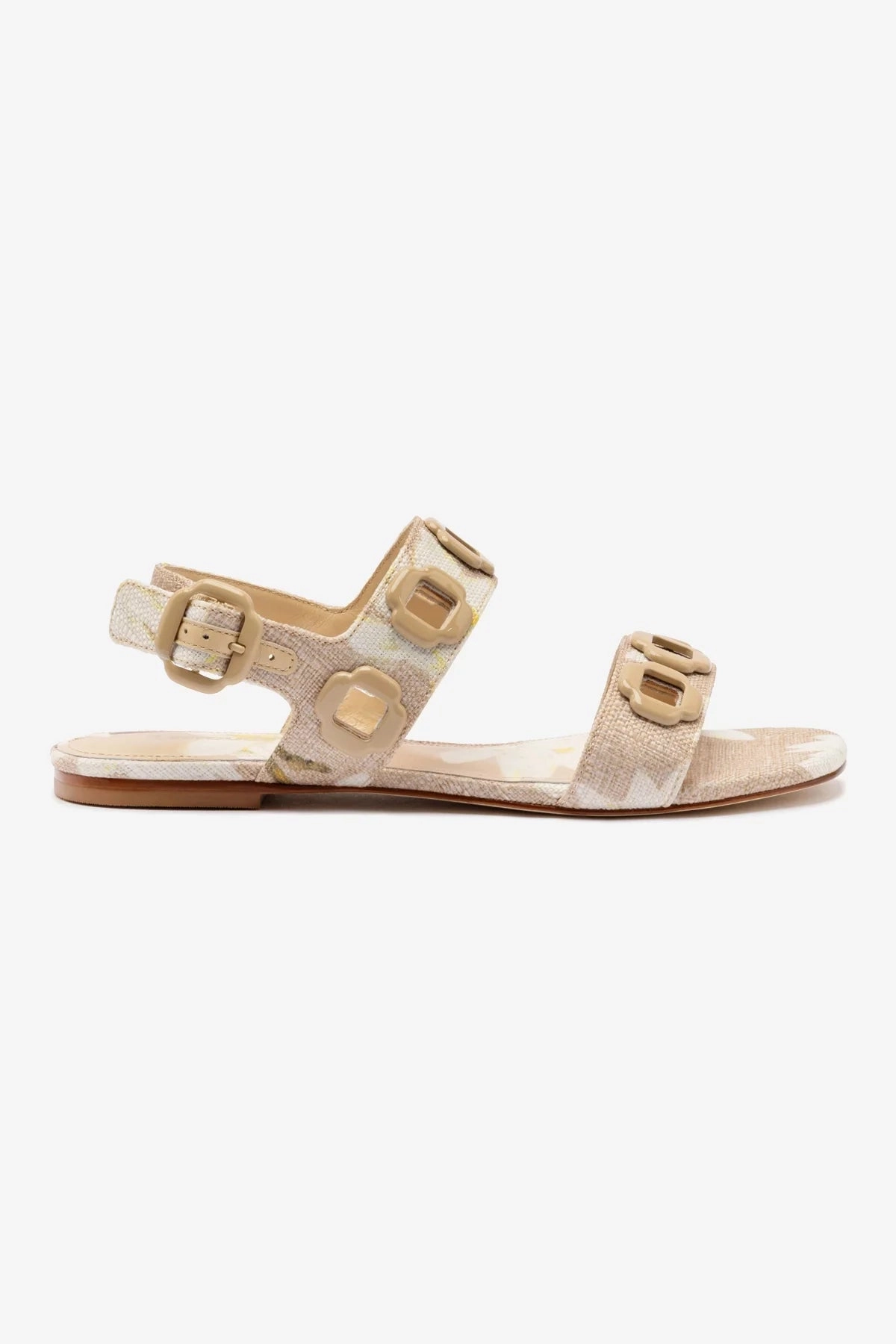 Milan Flat Sandal In Beige Printed Raffia Zip Fast