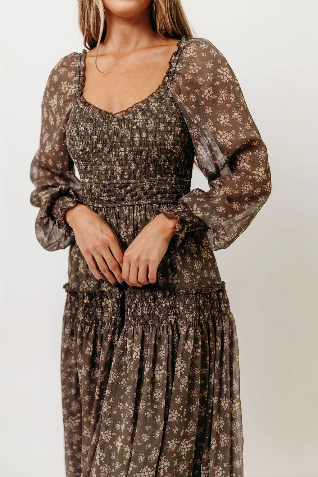 Soft Lines Luisa Smocked Floral Maxi Dress in Dusted Eucalyptus