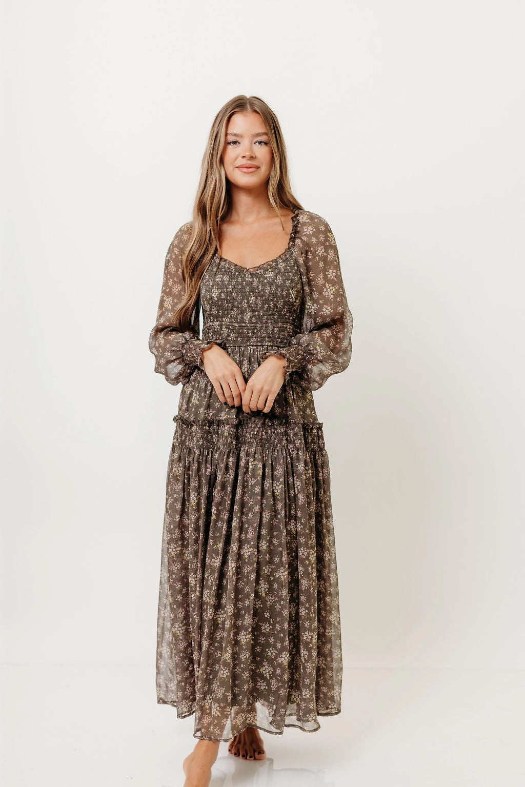 Luisa Smocked Floral Maxi Dress in Dusted Eucalyptus Comfort and style
