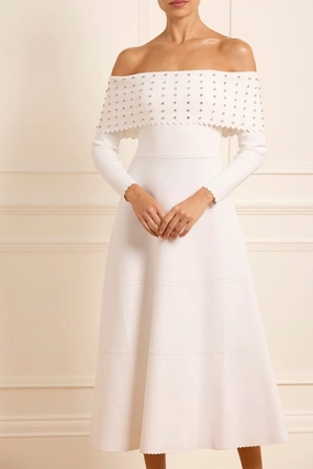 Wrinkle-Resistant Dreamy Silhouette Embellished Bardot Knit Gown