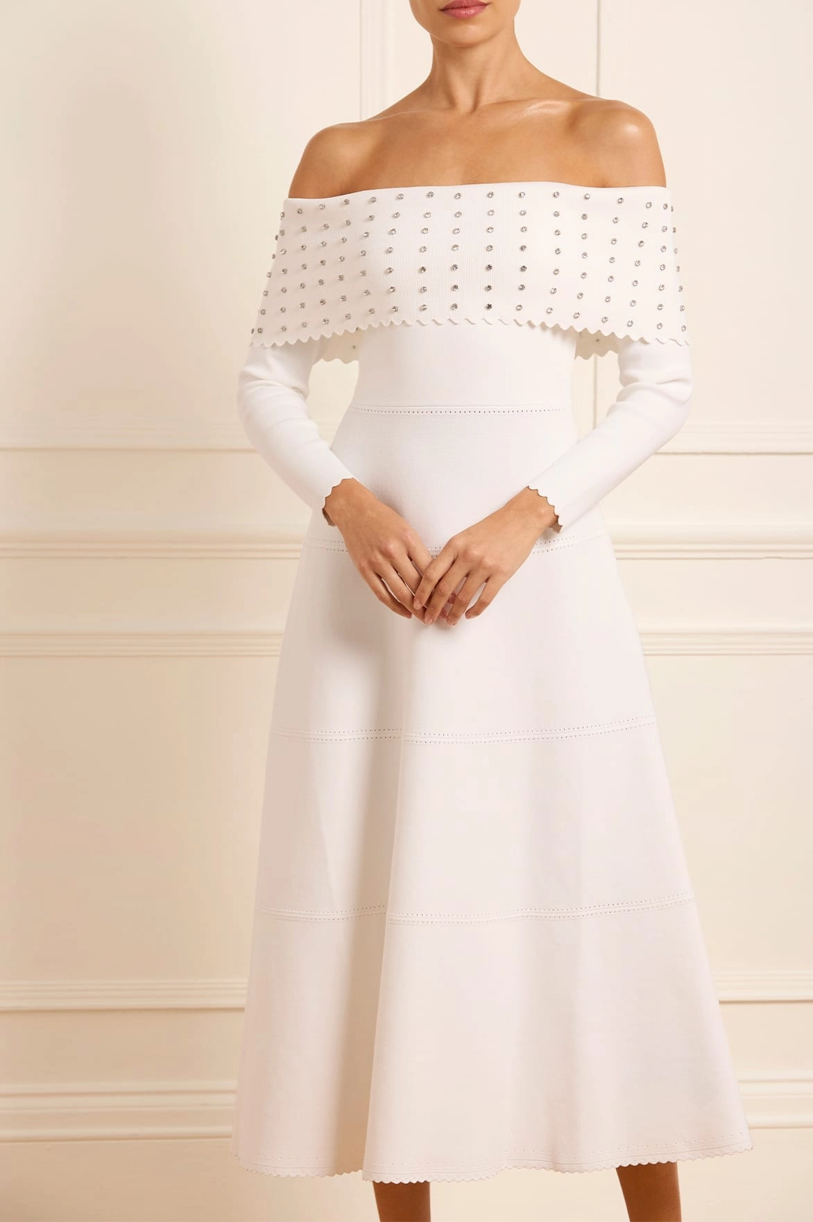 Wrinkle-Resistant Dreamy Silhouette Embellished Bardot Knit Gown