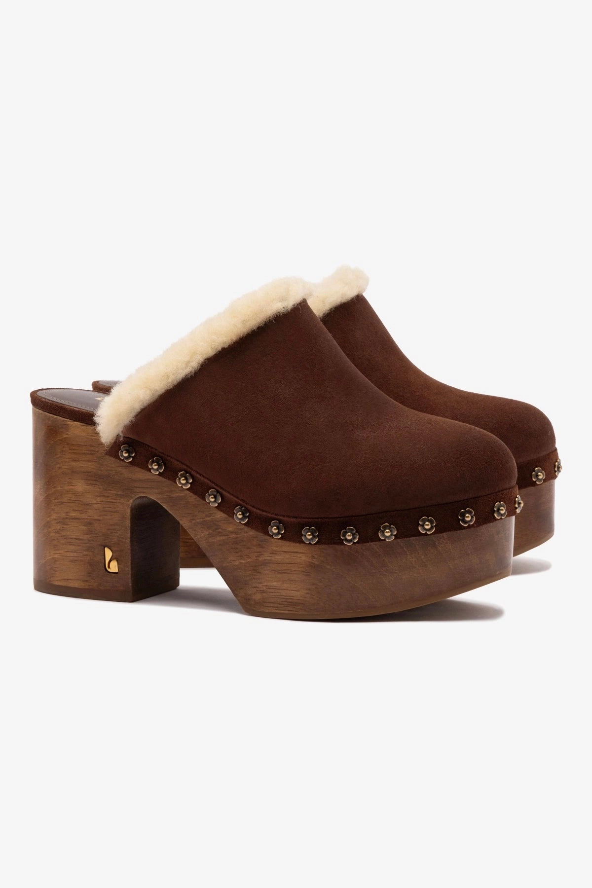 Eco Friendly Office Workers Miso Wooden Platform Clog In Brown Suede And Natural Shearling
