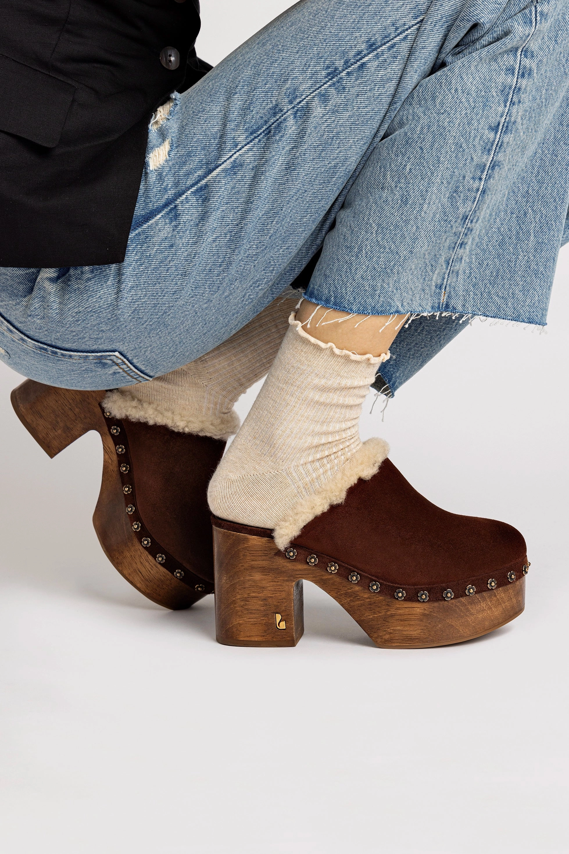 Miso Wooden Platform Clog In Brown Suede And Natural Shearling Low Impact Design Ventilated