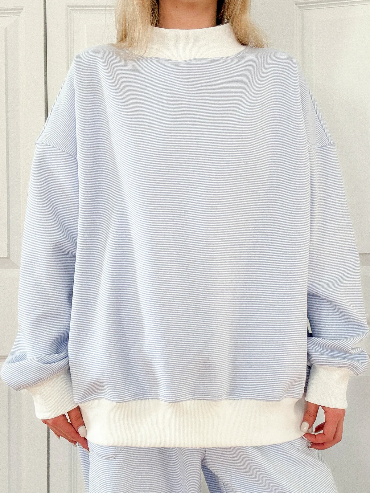 Cynthia Mini Striped Mock Neck Sweatshirt Blue and White Recycled Polyester Fabric