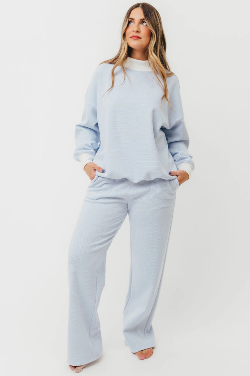 Cynthia Mini Striped Mock Neck Sweatshirt Blue and White NonChafing Fabric DualLayer Weave