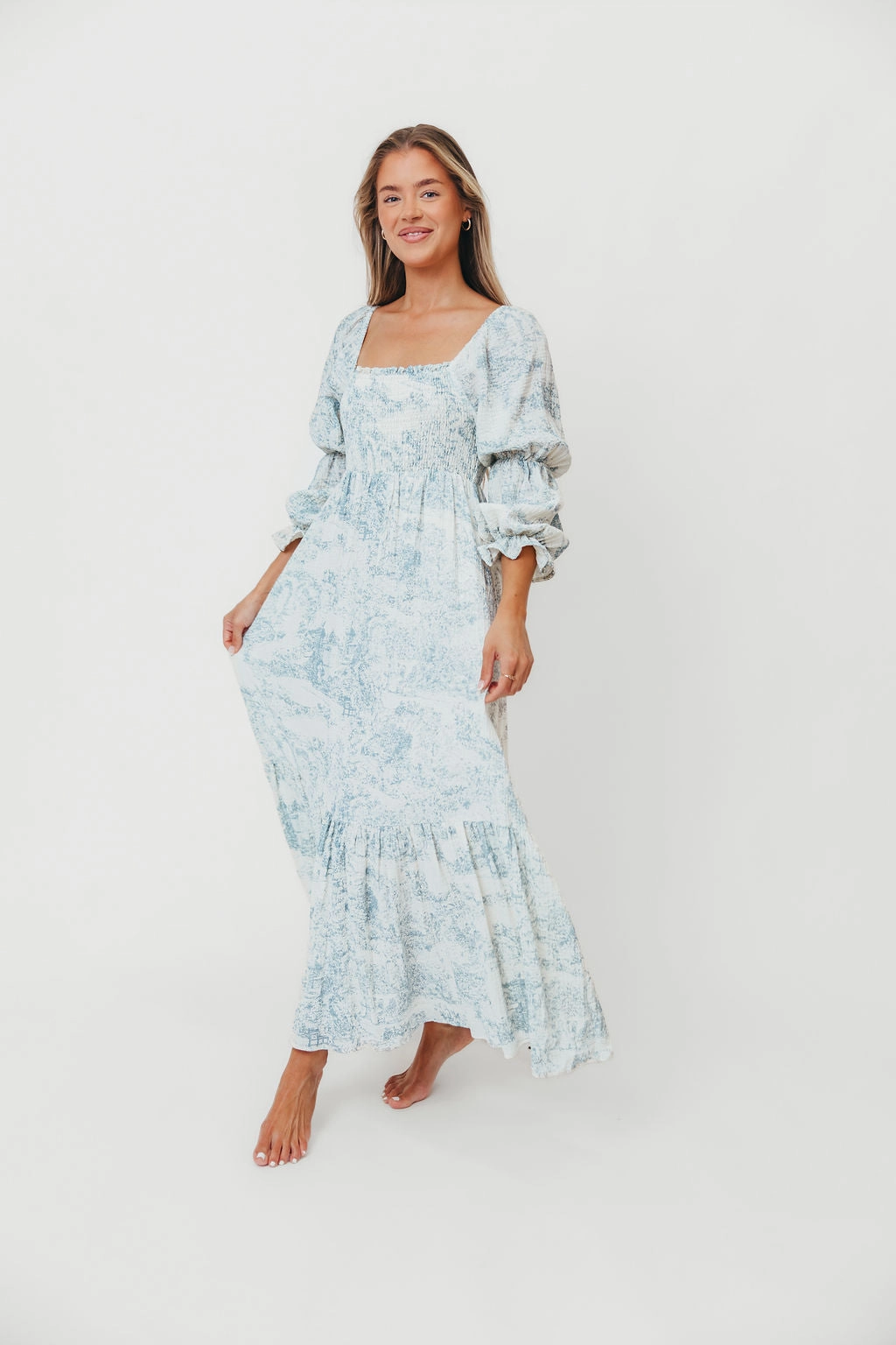 Low Maintenance Luxury Feel Emerson 100% Cotton Smocked Maxi Dress with Long Sleeves in Blue Toile - Bump Friendly