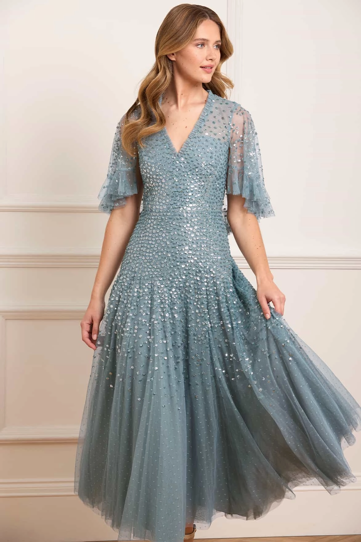 garden wedding Chic and Elegant Dappled Sequin Cape Ankle Gown