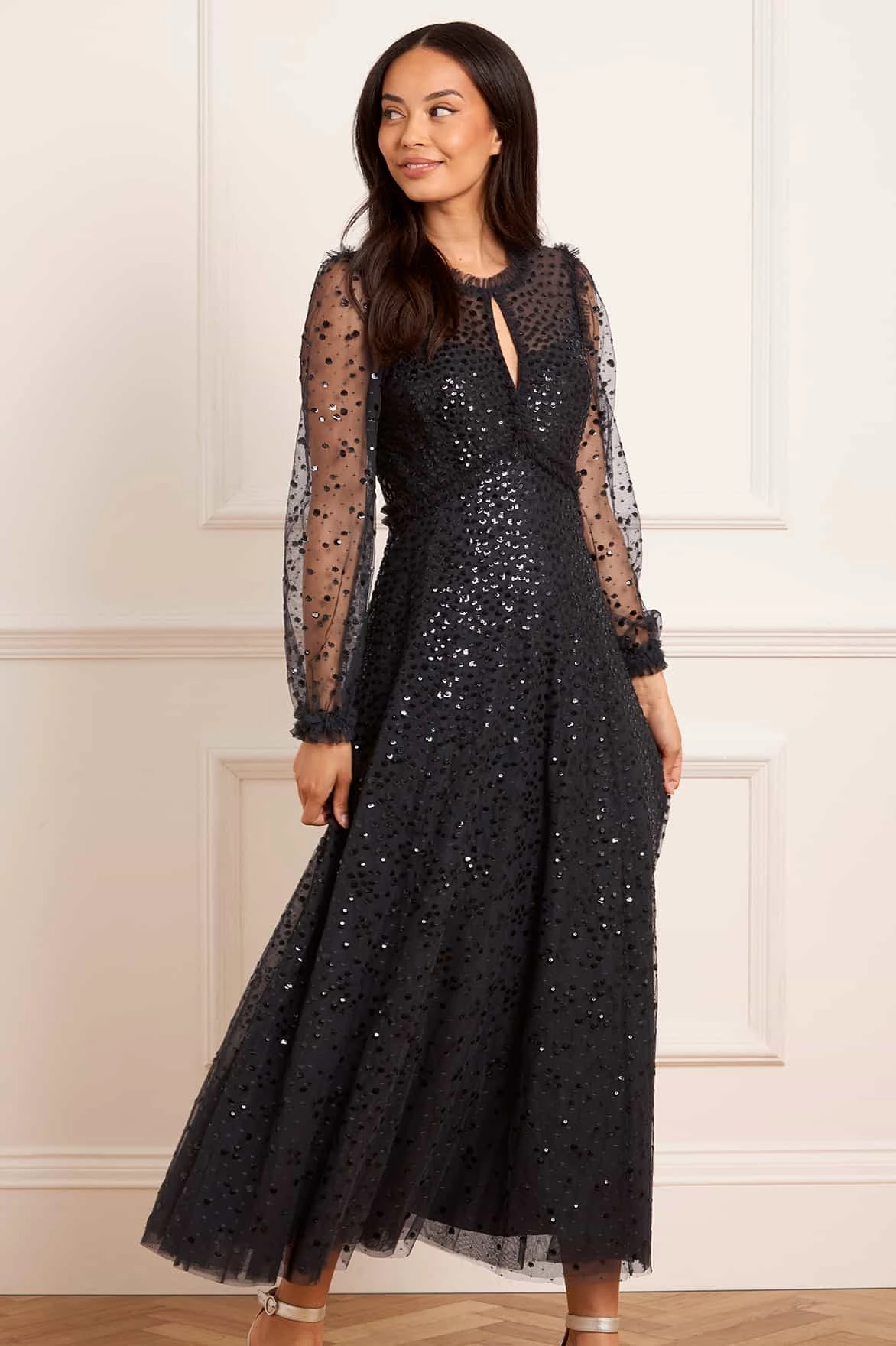 Dappled Sequin Long Sleeve Ankle Gown Easy Look Rooftop-Event