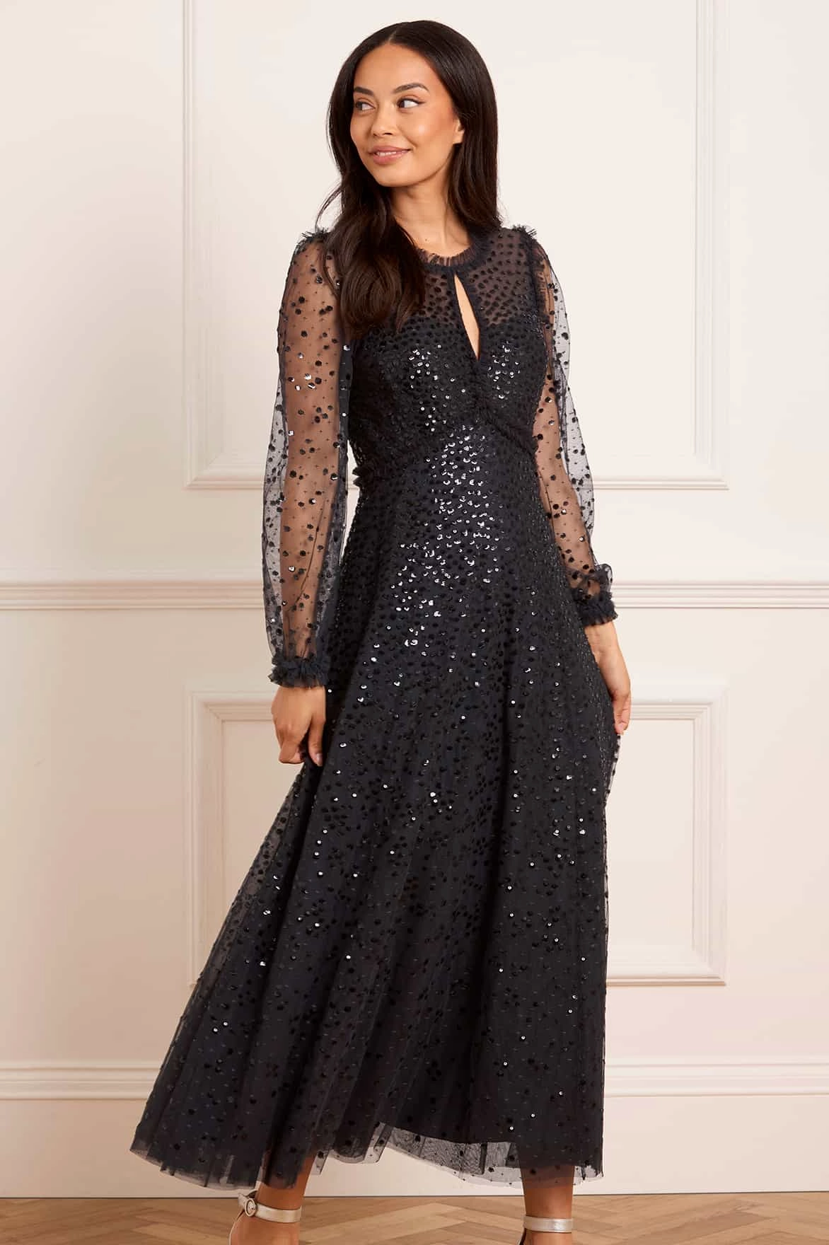 Dappled Sequin Long Sleeve Ankle Gown Editor??s-Pick
