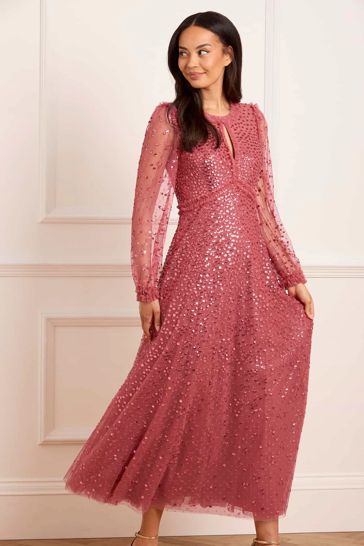 Dappled Sequin Long Sleeve Ankle Gown Seasonal Comfort