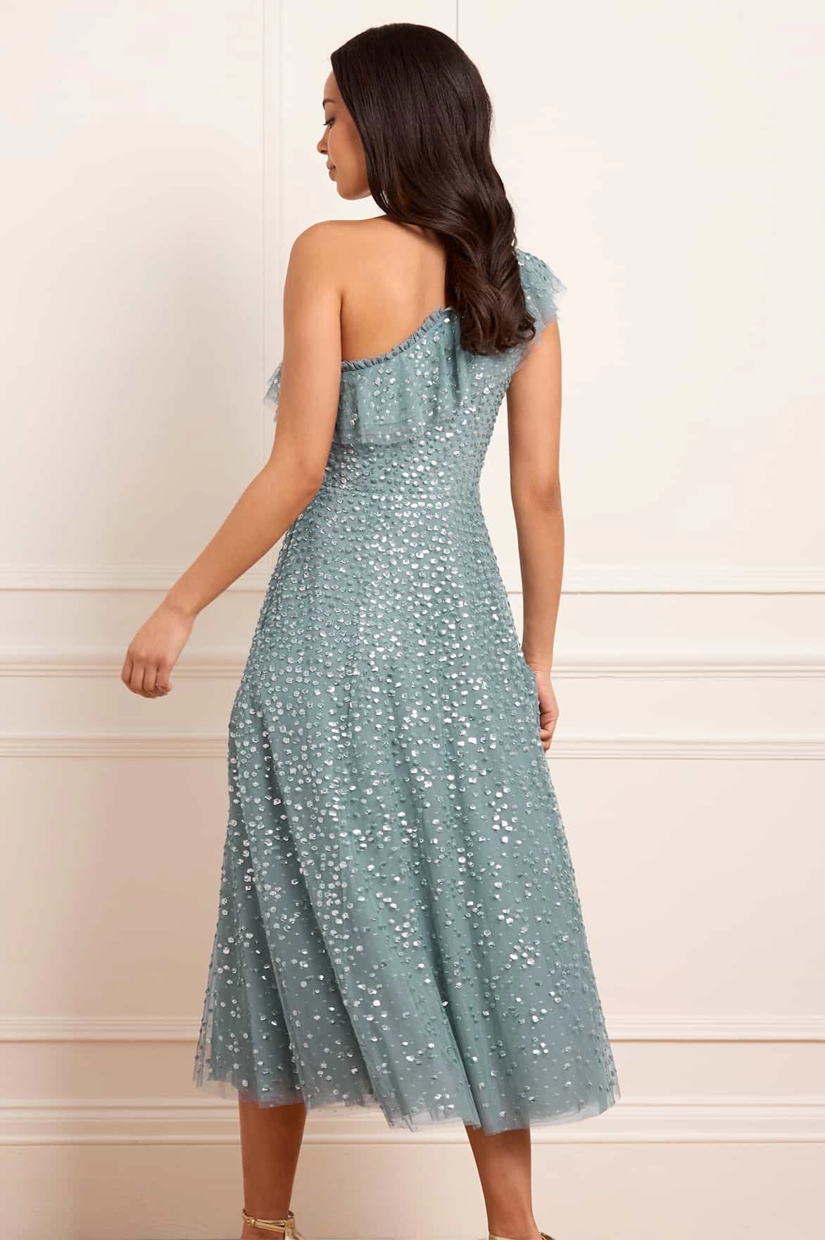 Smooth Motion Dappled Sequin One-Shoulder Ballerina Dress