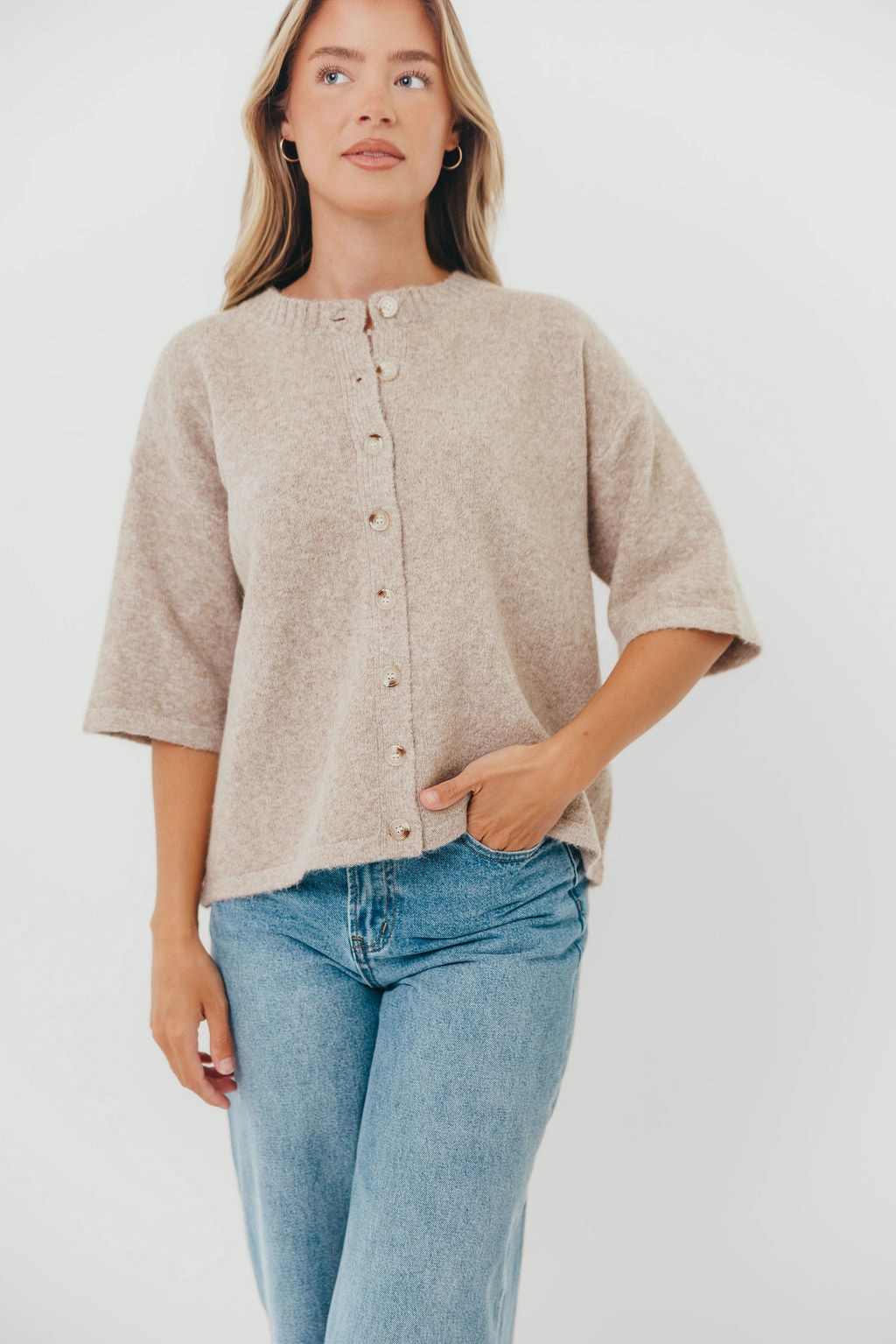 Davina Button-up Sweater in Mocha QuickDry Performance Non Restrictive Mobility