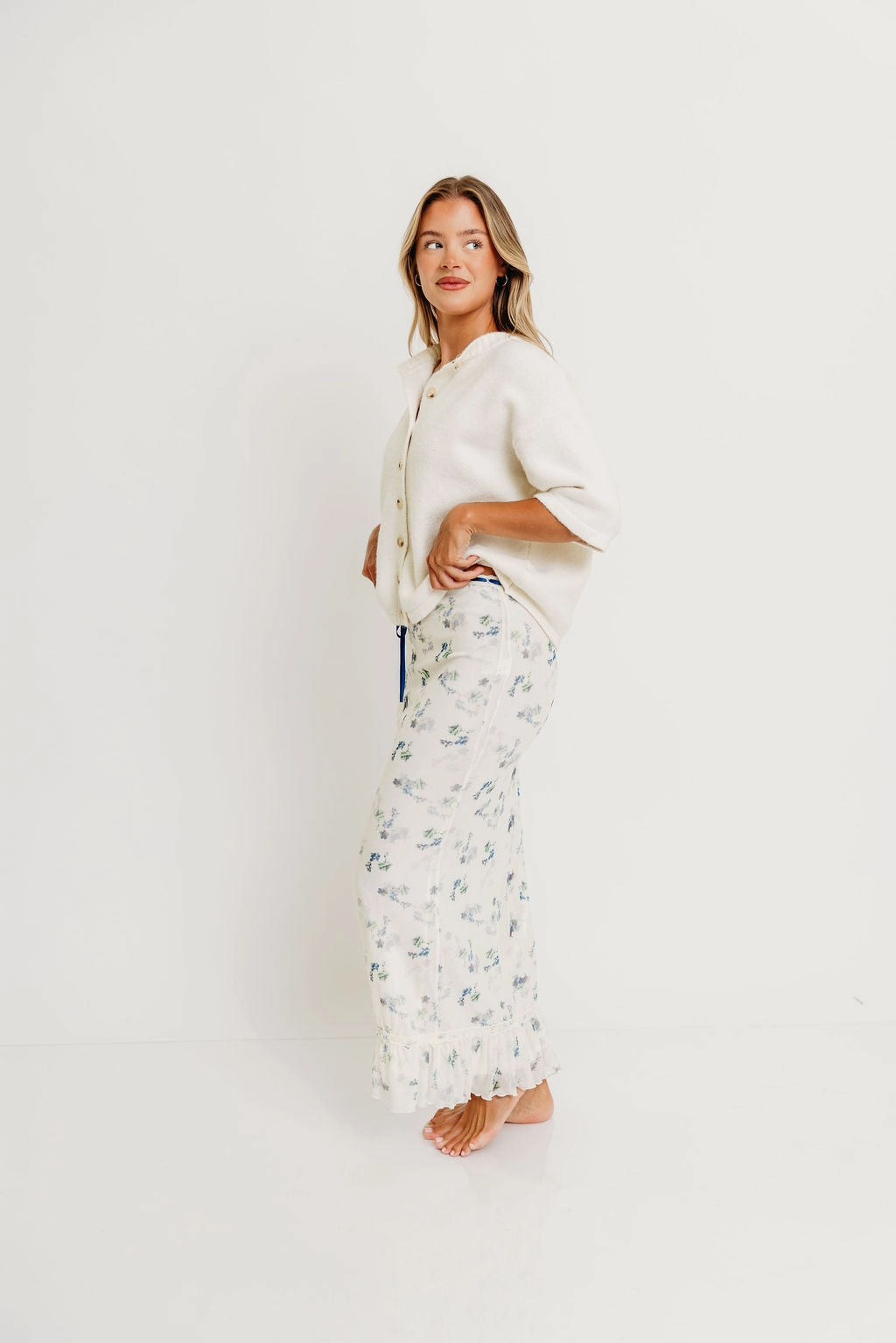 DoubleLayered Neckline Davina Button-Up Sweater in Off-White