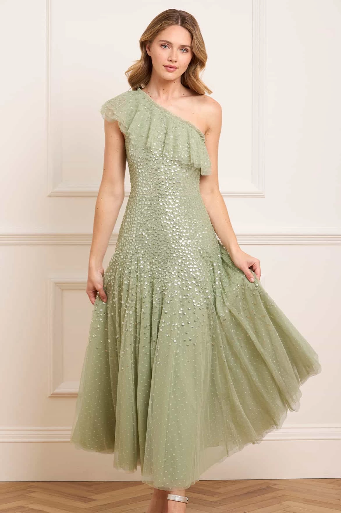 Dappled Sequin One-Shoulder Ankle Gown Minimal Aesthetic Movement Friendly