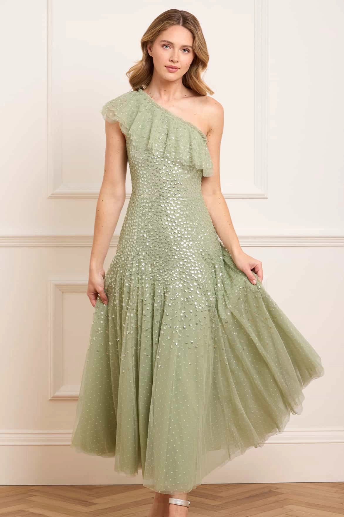 Dappled Sequin One-Shoulder Ankle Gown Relaxed-fit Sleek Flow