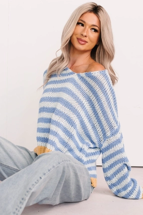 Deep Trance Relaxed Stripe Sweater (Denim/Mustard) High Density Knit OrganicCotton