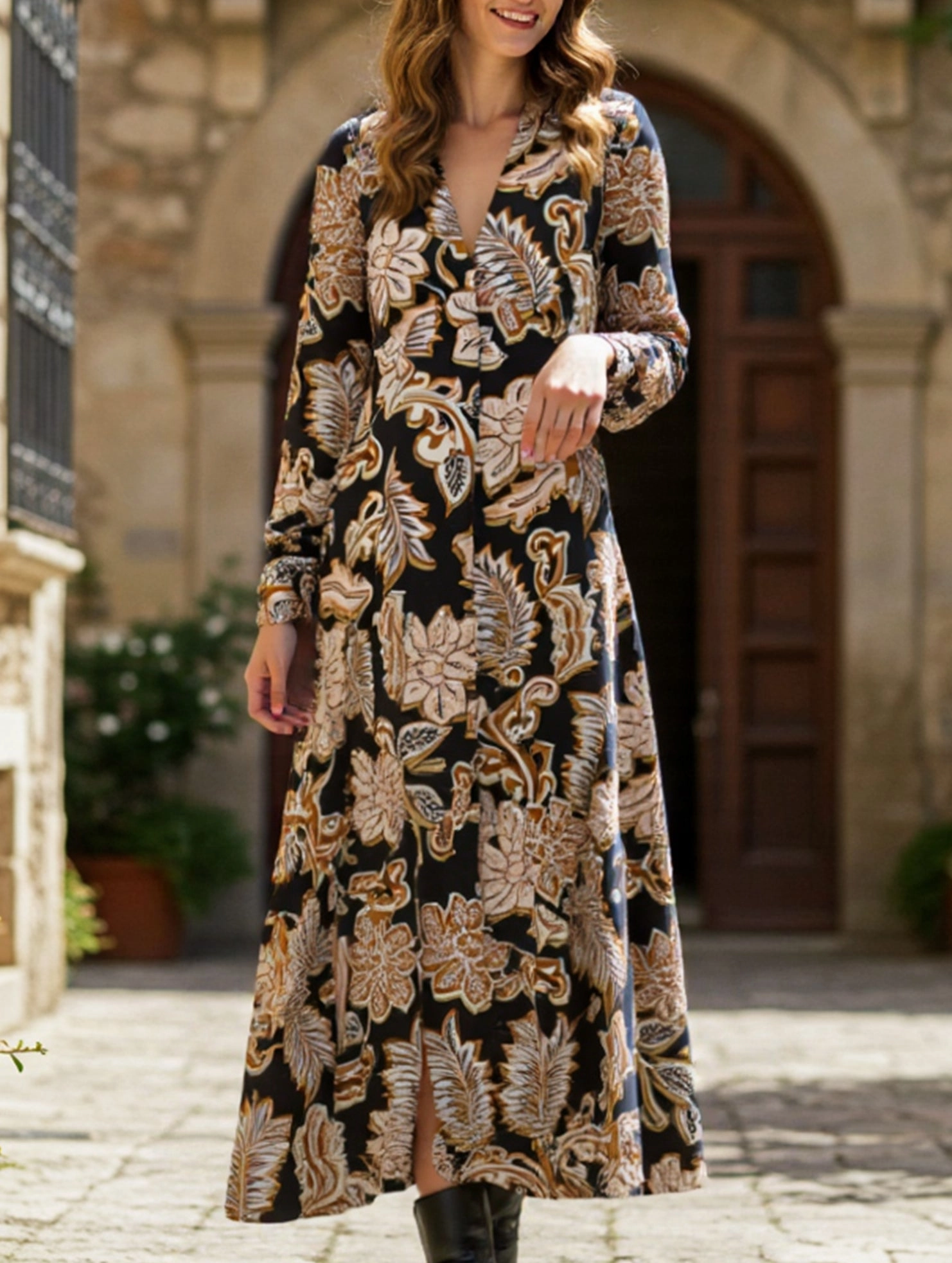 Midnight Mood Sheer-Overlay Deep V-neck long-sleeved dress with waist