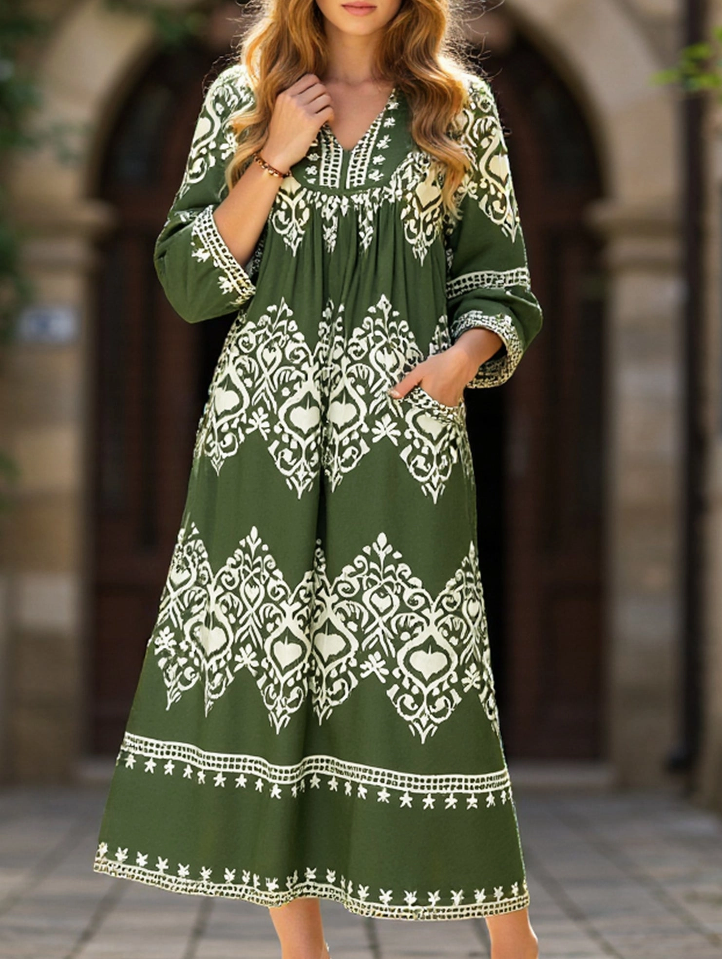 Ethnic style geometric print loose dress Layering Fit