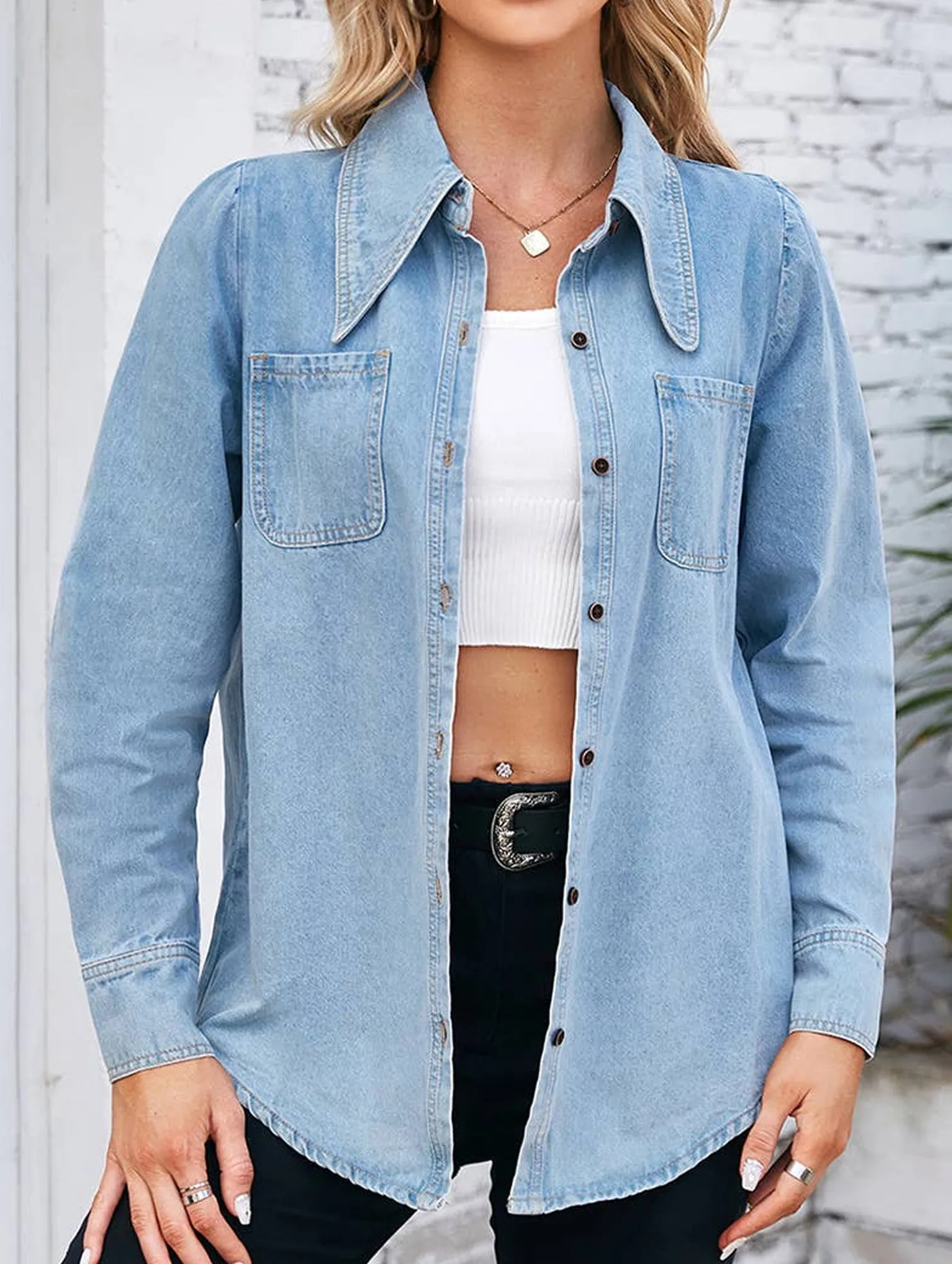 DENIM LONG SLEEVED SHIRT TOP_CWTSTL1055 Quick Dry Blend Double Stitched Seams