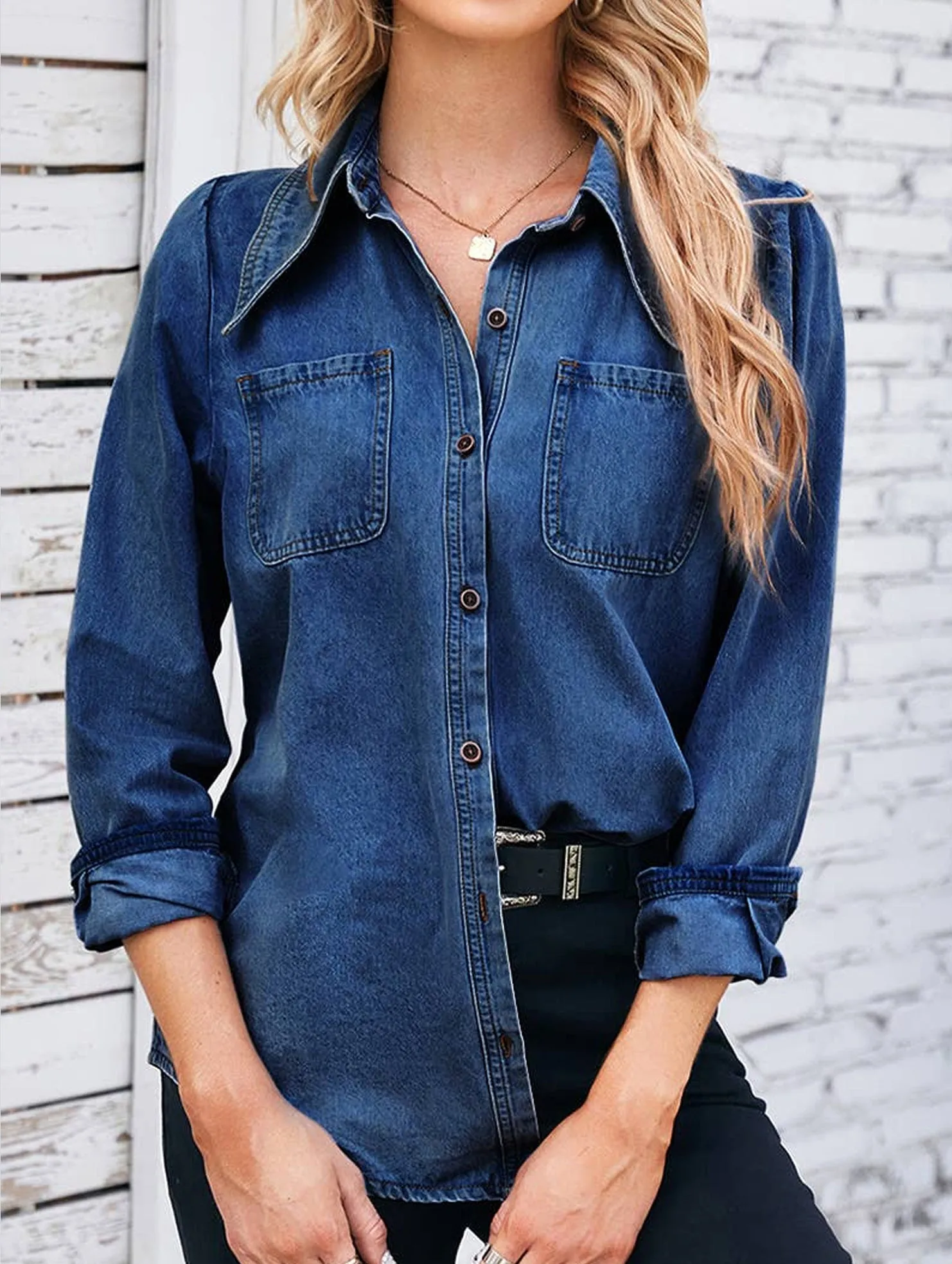 DENIM LONG SLEEVED SHIRT TOP_CWTSTL1055 StretchKnit