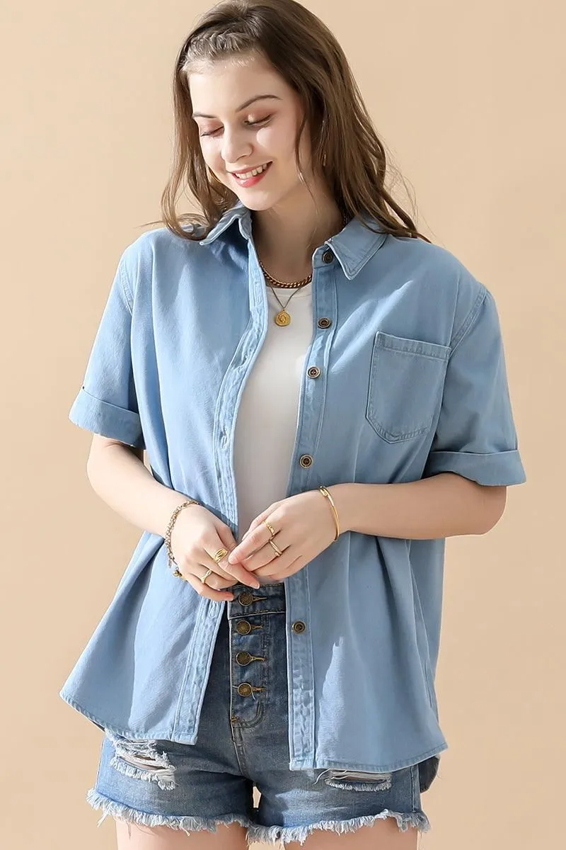 Flexible Knit Fabric DENIM ROLL UP SHORT SLEEVES ONE POCKET SHIRTS