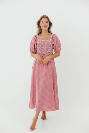 Joy Gingham Midi Dress in Red/White Seasonal Layering Work-to-Play Wear