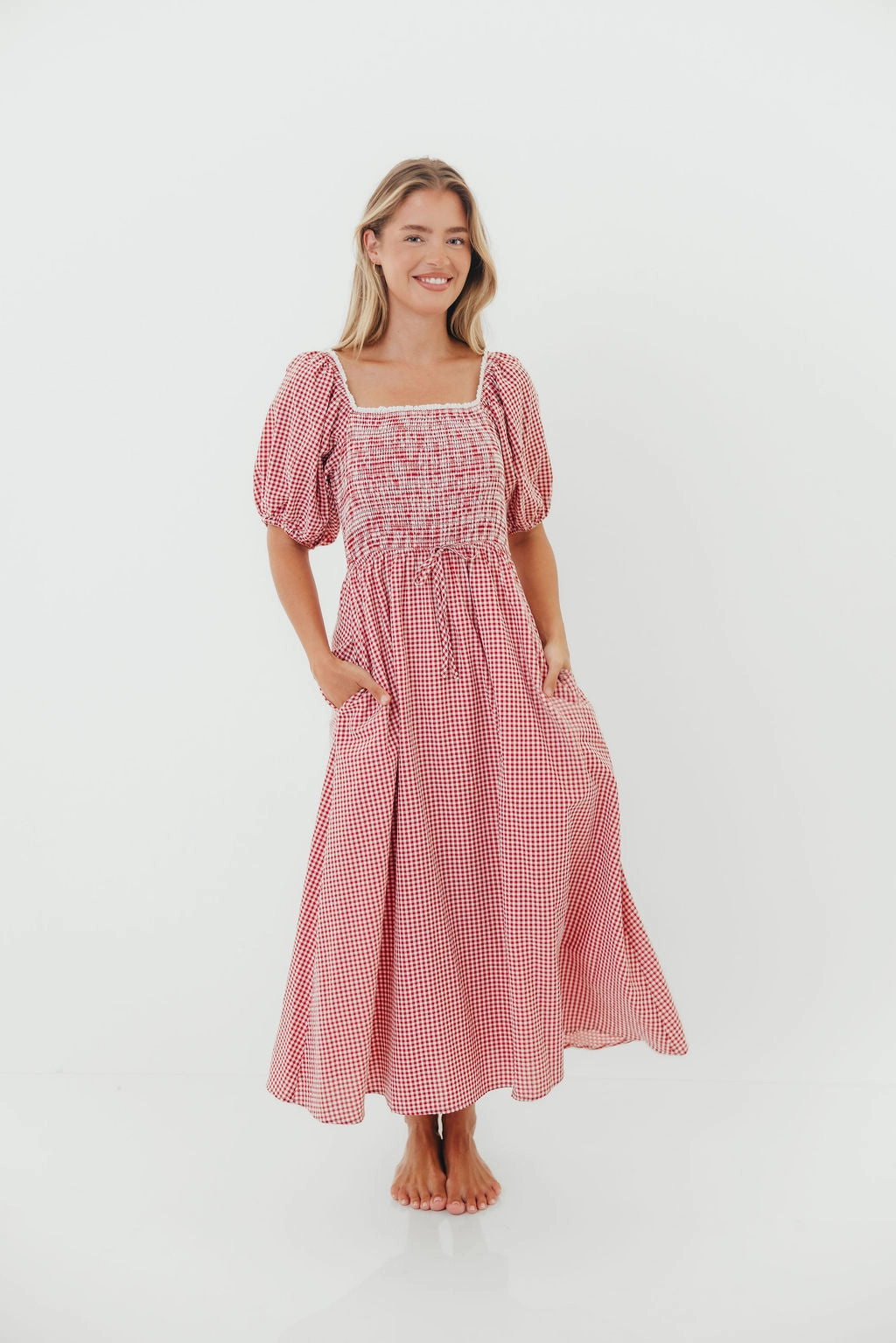 Eco-friendly Easy Pick Joy Gingham Midi Dress in Red/White