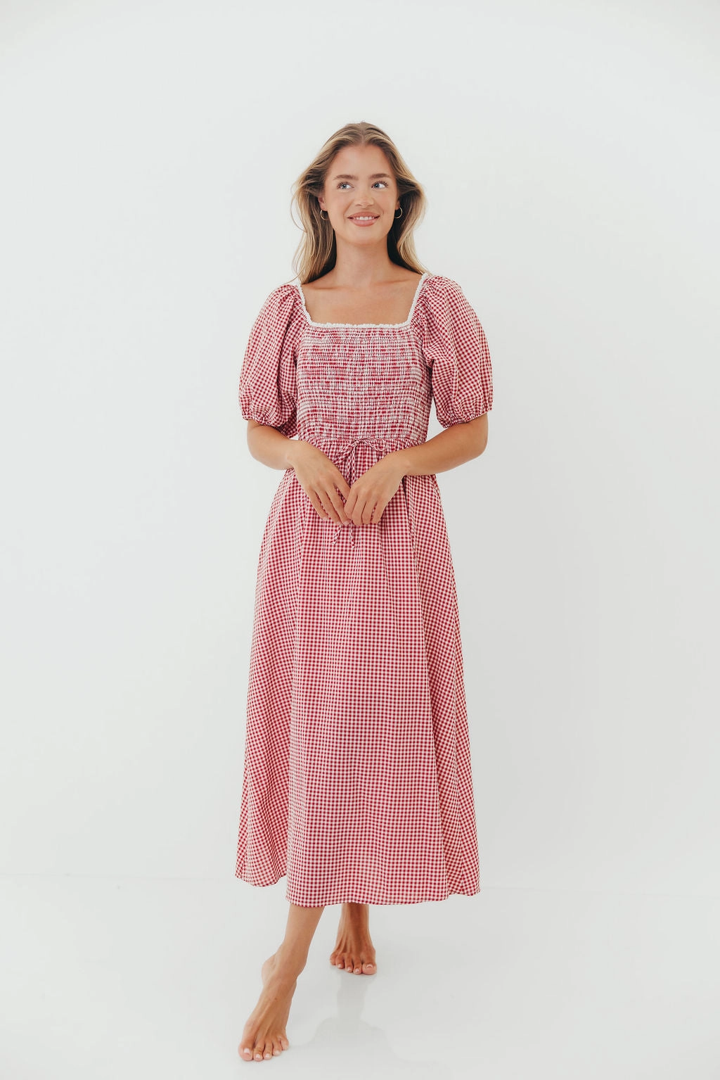 Joy Gingham Midi Dress in Red/White Seasonal Layering Work-to-Play Wear