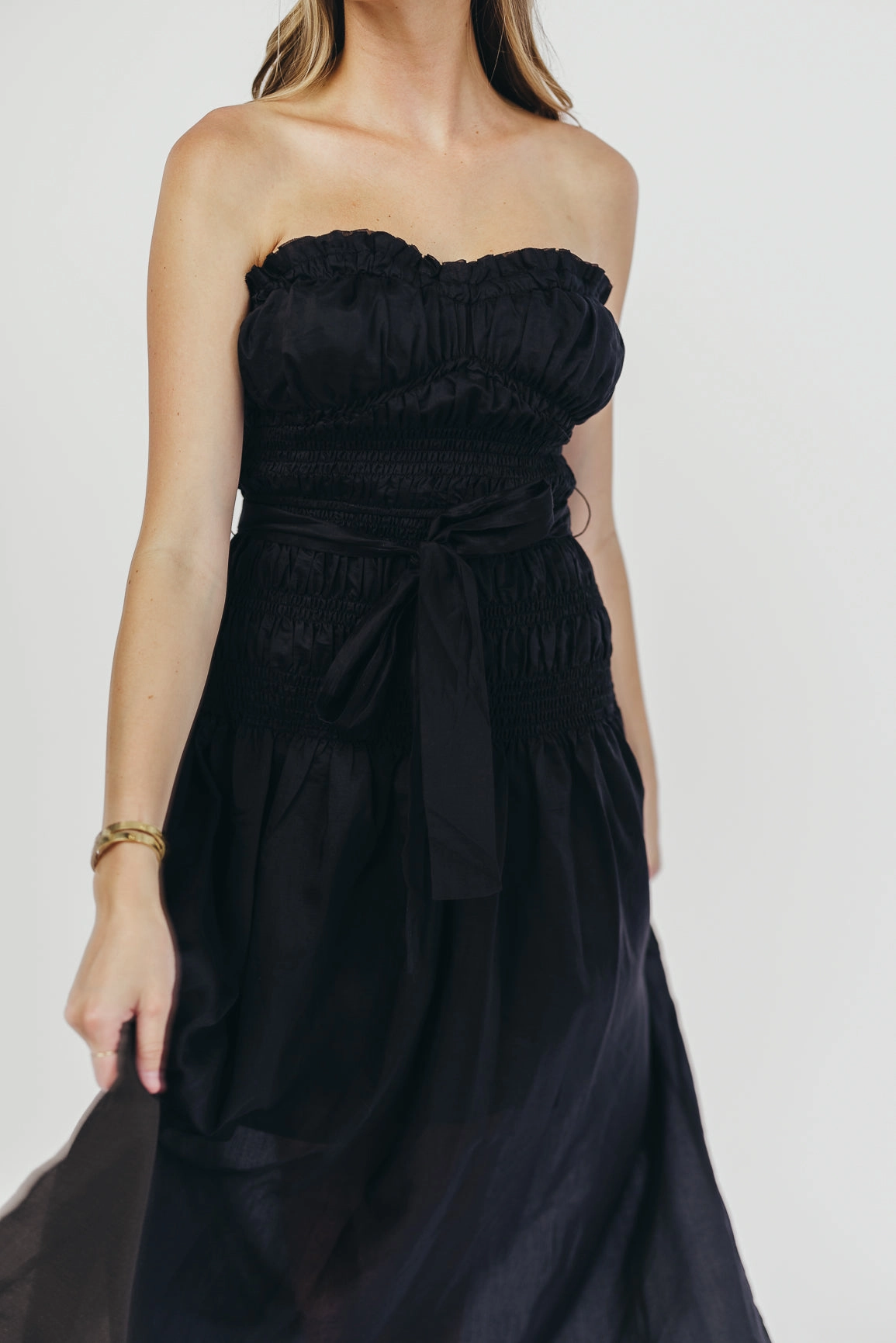 Devin Strapless Midi Dress with Sash in Black Sleek And Stylish